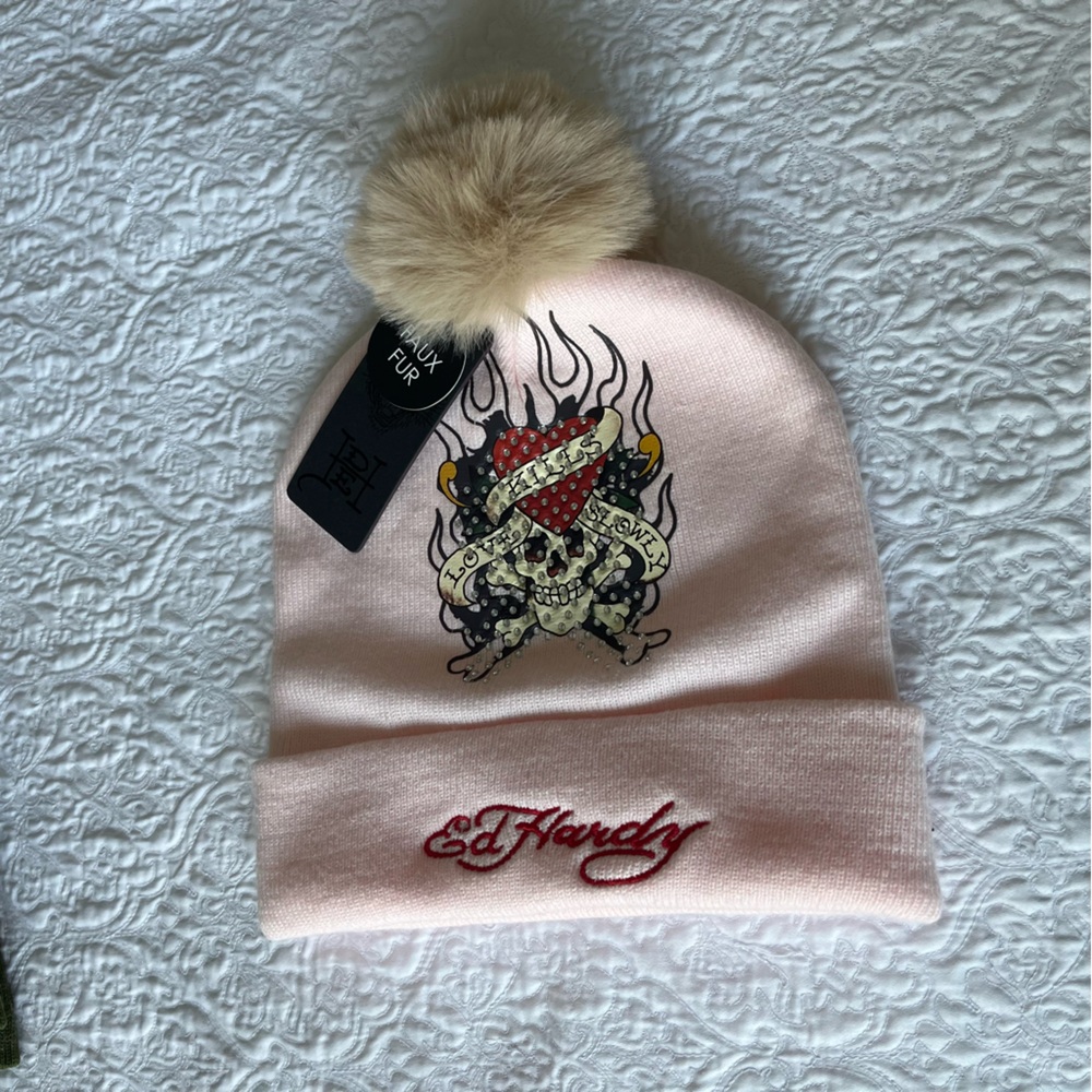 Ed Hardy Pink winter hat with Skull and Heart Design